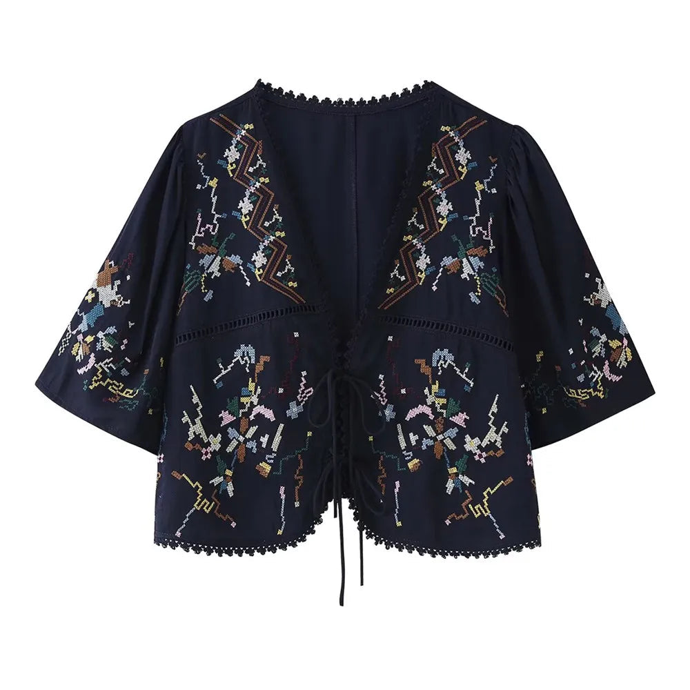 Toni's Totem Flower Navy Embroidered Short Sleeve Jacket Short Coat