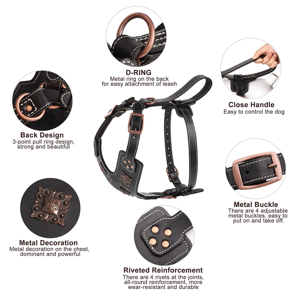 Genuine Leather Dog Harness Durable Large Dogs Riveted Pet Vest With Metal Accessories Medieval Cosplay
