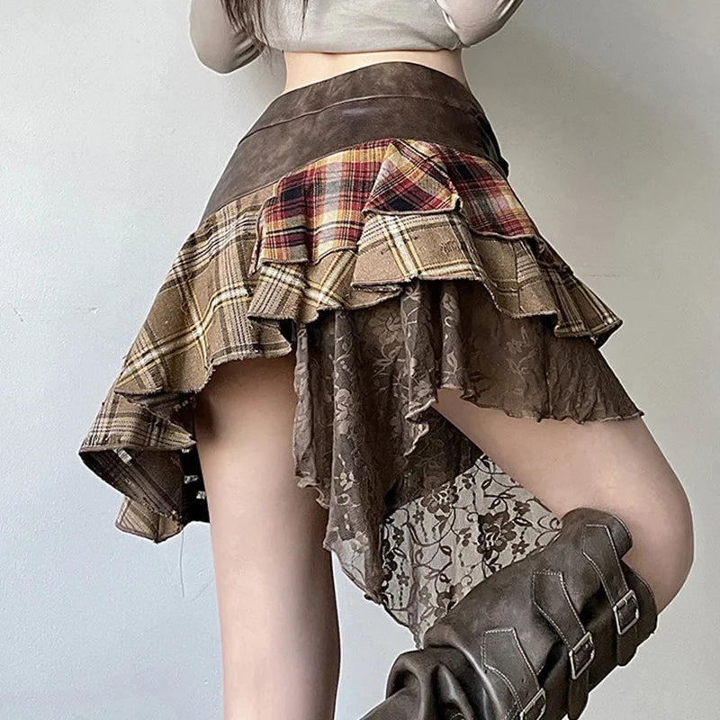 Goblincore Grunge Irregular Spliced Lace Plaid Skirt