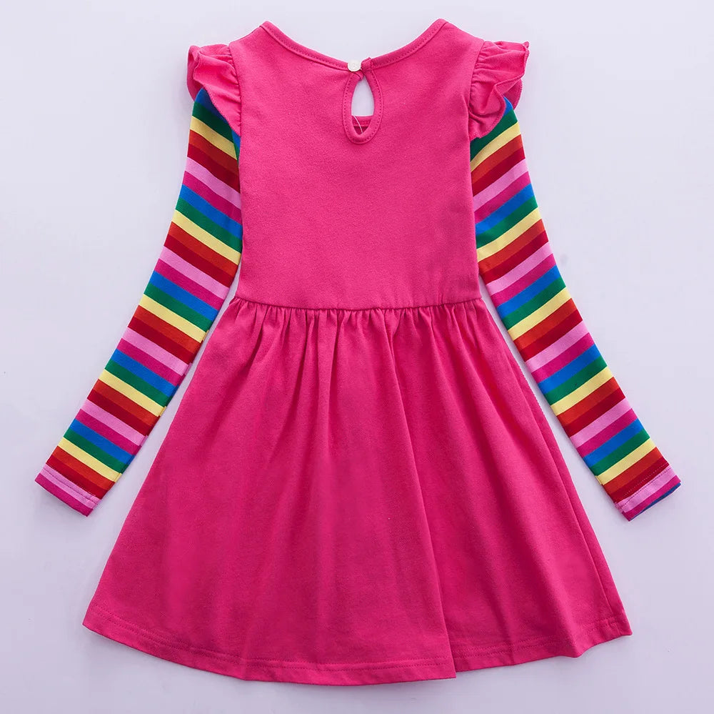 Girls' Long Sleeve Unicorn Dress Two Pockets Rainbow Sleeves