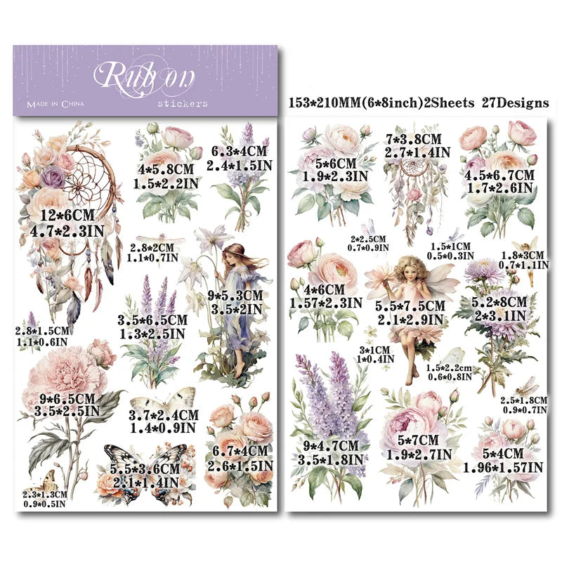 2 Sheet RUB ON Fairy Stickers Junk Journal Craft Transfer Rose Butterfly Stickers DIY Scrapbooking Craft Stickers