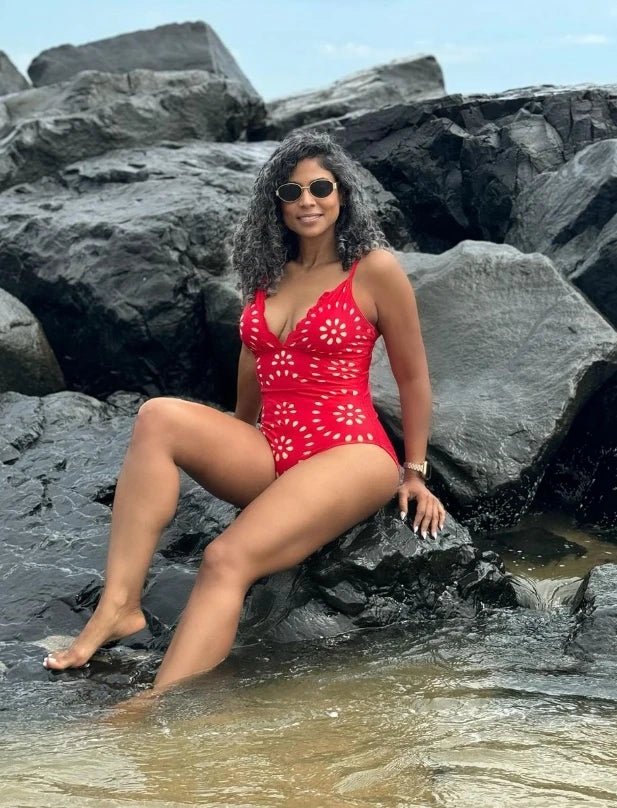 Red Flower Hollow Lace Swimsuit Skirt Resort Wear