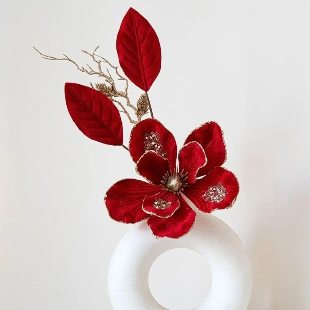 Glitter Christmas Magnolia Artificial Flower Red Gold Handmade Flocking Xmas Decorations