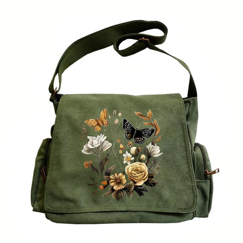 Rose Garden Print Canvas Shoulder Bag Crossbody Messenger Bag