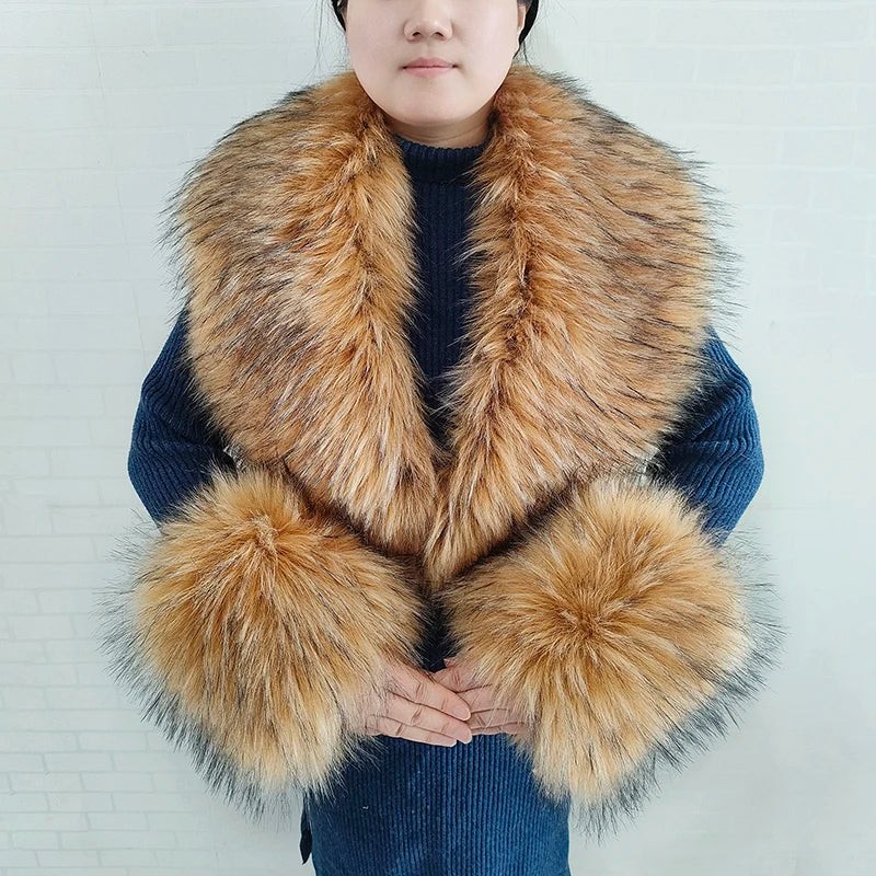 Large Faux Fox Fur Scarf Winter Warm Fluffy Collar And Cuff Sets 19 Colours