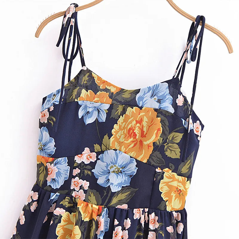 Sharona's Navy Blue Floral Print Spaghetti Strap Dress
