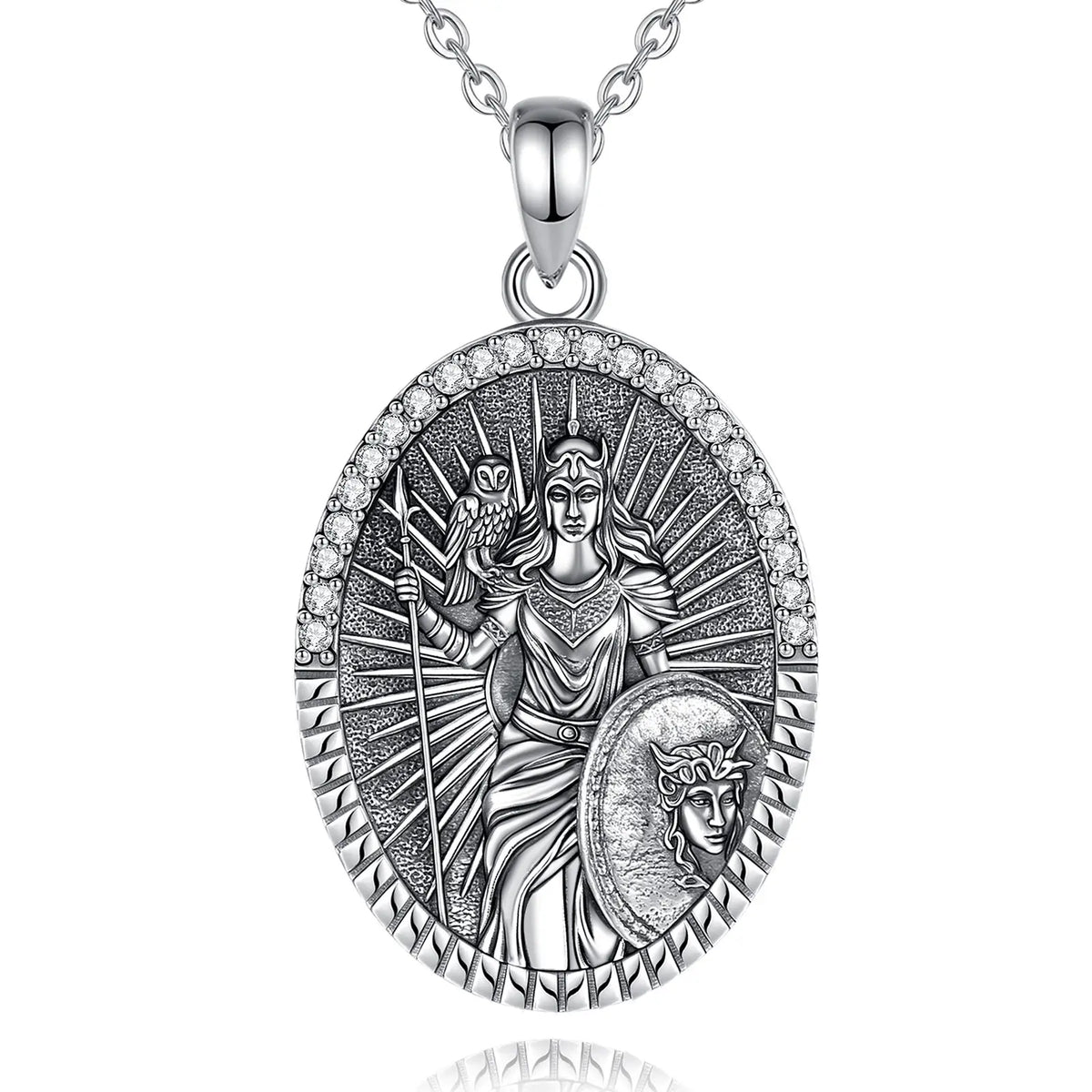Goddess Athena Owl Pendant Necklace 925 Sterling Silver Cubic Zirconia Greek Mythology Jewellery