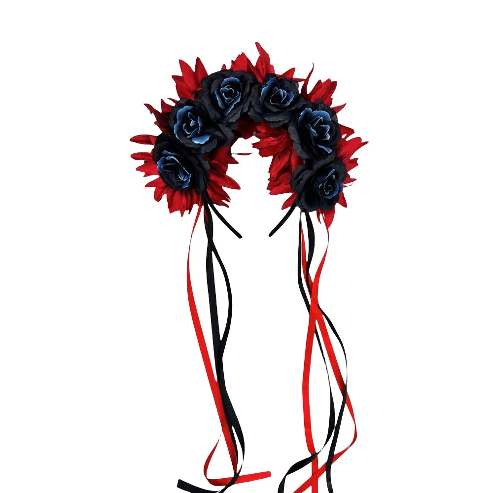 Day Of The Dead Headpiece Ribbons Feathers Floral Crown Headband