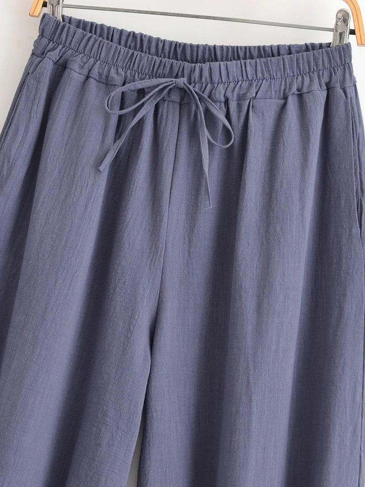 Sun Moon Embroidered Linen Cotton Baggy Pants Side Pockets Loose Yoga Wear