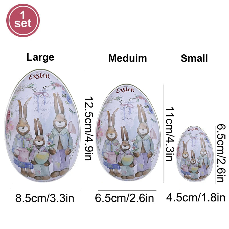 3 or 6 Large Medium Small Easter Eggs Bunny Pattern Metal Egg Shaped Candy Gift Box Easter Decoration
