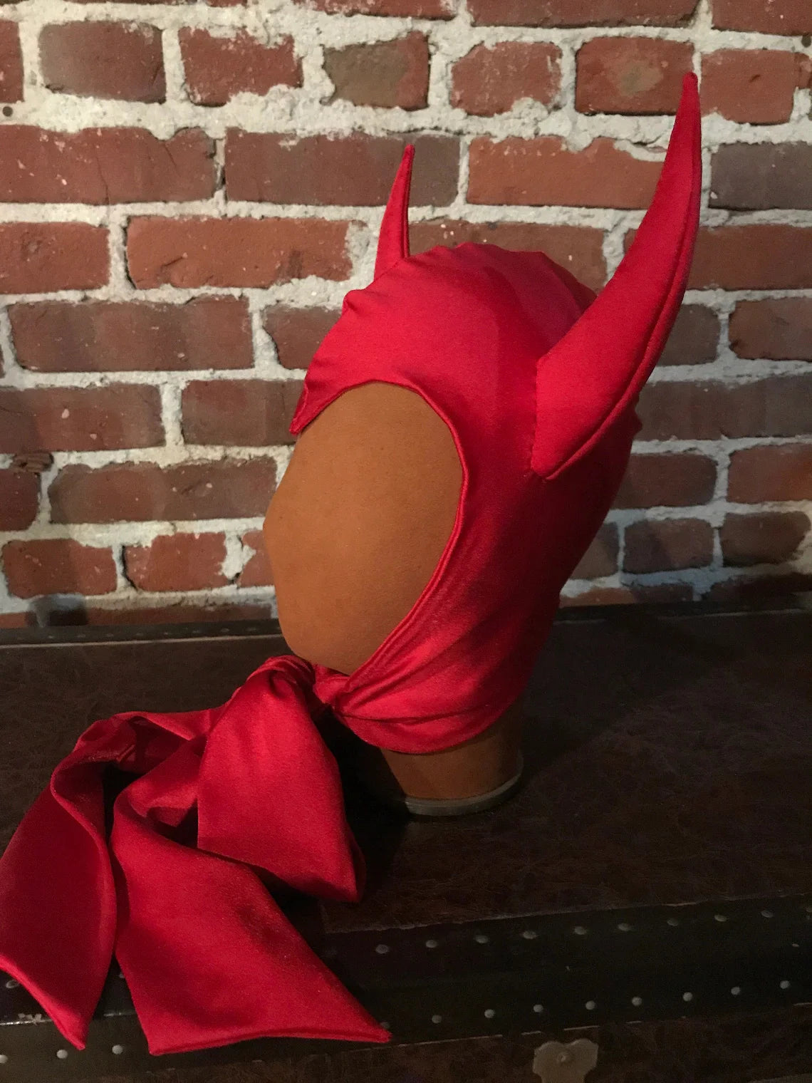 Vintage Horned Devil Red/Black Satin Bonnet Hood Headpiece Halloween Costume Party