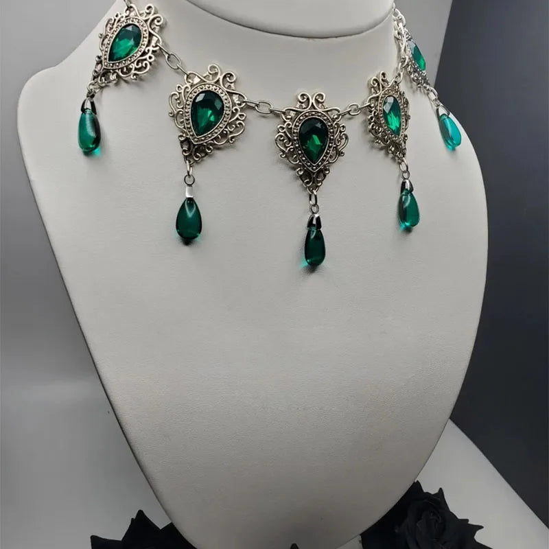 Victorian Medieval Gothic Green Envy Water Drop Courtier's Choker Necklace
