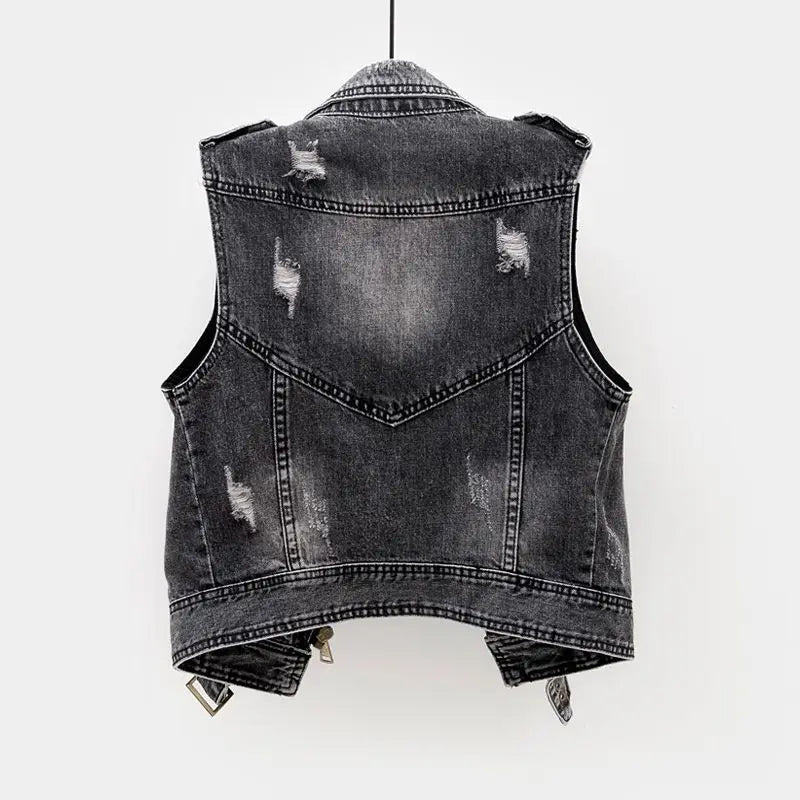 Black Denim Sleeveless Jacket Grunge Ripped Vest