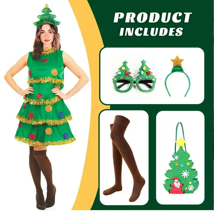 Women Christmas Tree Costume Sleeveless Cake Dress + Headband + Glasses + Long Socks + Bag
