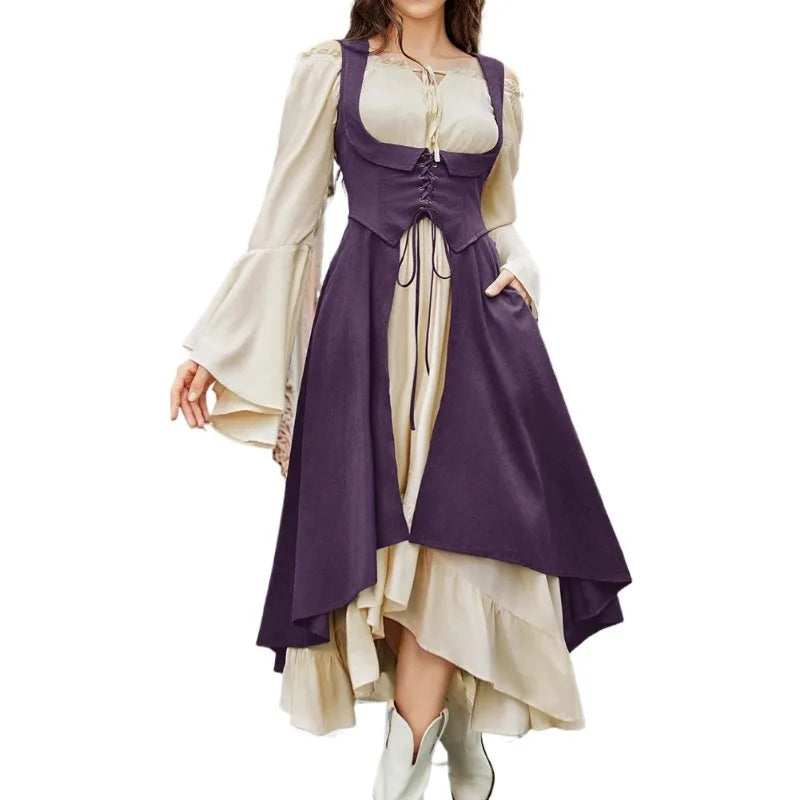 Medieval Renaissance Lace-Up Vest Dress Irregular Hem Overlayer Dress Cosplay Costume