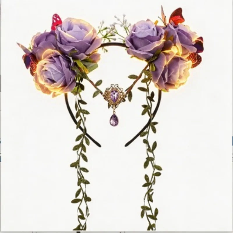 Glowing Flower Headband Butterfly Rose Crowns with Gem Drop Fairy Fascinators Headpieces