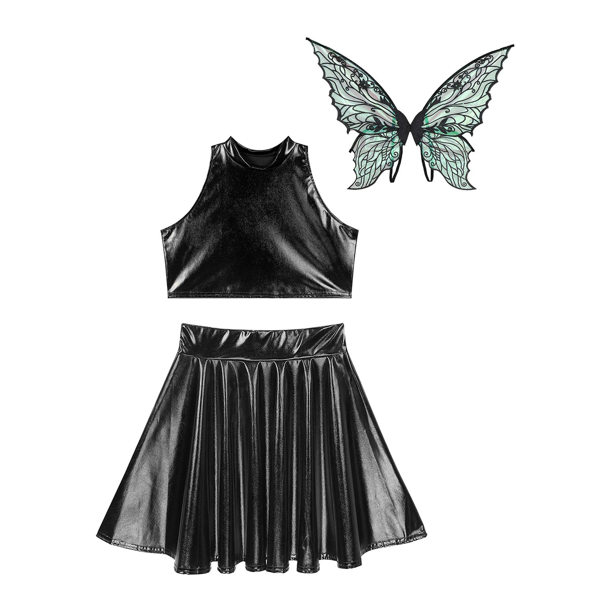 Festival Fairy Cosplay Costume Sleeveless Crop Top, High Waist Flared Skirt And Butterfly Wings Set