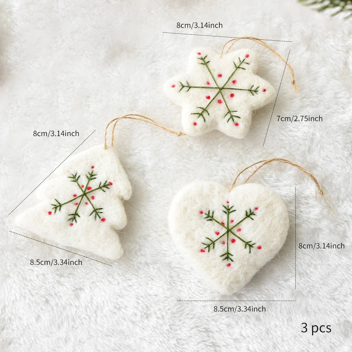 Set of Three White Christmas Handmade Embroidered Felt Mini Snowflake and Heart Christmas Tree Ornaments