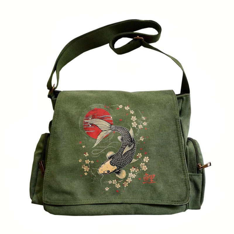 Japanese Koi Print Canvas Shoulder Bag Crossbody Messenger Bag