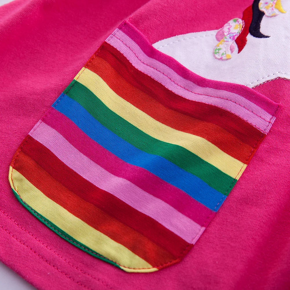 Girls' Long Sleeve Unicorn Dress Two Pockets Rainbow Sleeves