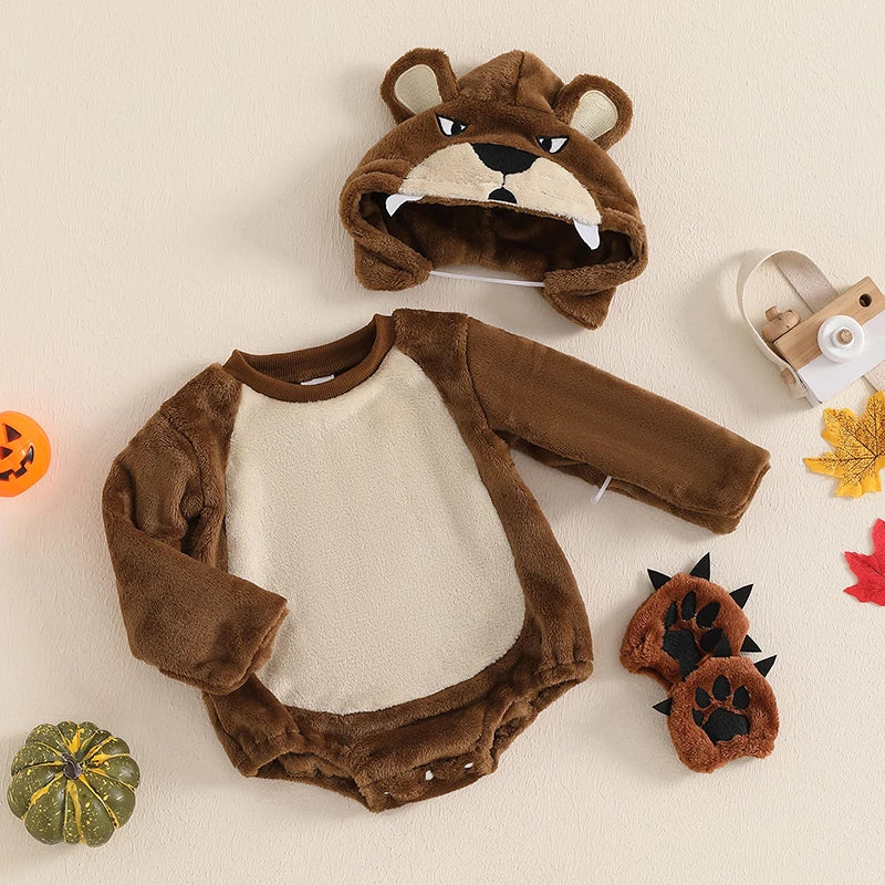 Grizzly Bear Baby Romper Set Jumpsuit with Hat and Gloves