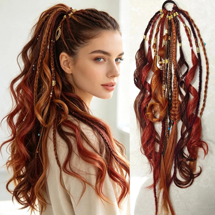 24 Inch Boho Braided Ponytail Beaded Braids With Elastic Hair Tie