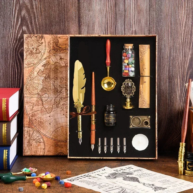 Golden Feather Quill Pens Set Dip Fountain Pens Ink Stationery Writing Gift Box Sets