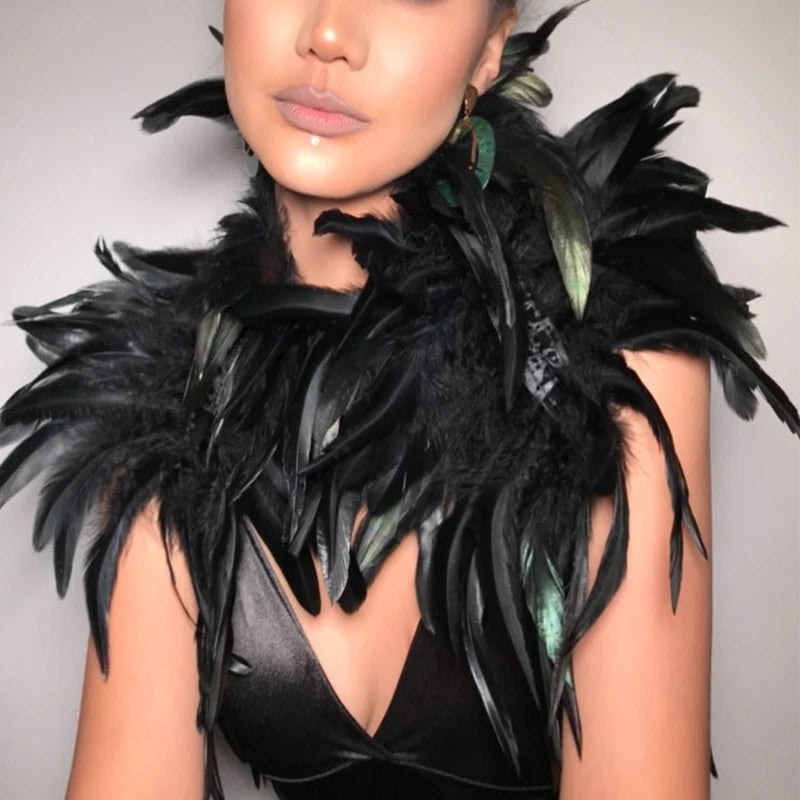 Black Rooster Feather Shrug Gothic Collar with Ribbon Ties