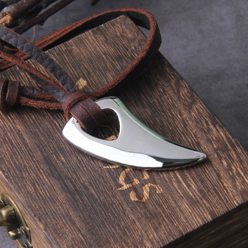Viking Wolf Fang Stainless Steel Pendant Necklace For Men with Wooden Gift Box