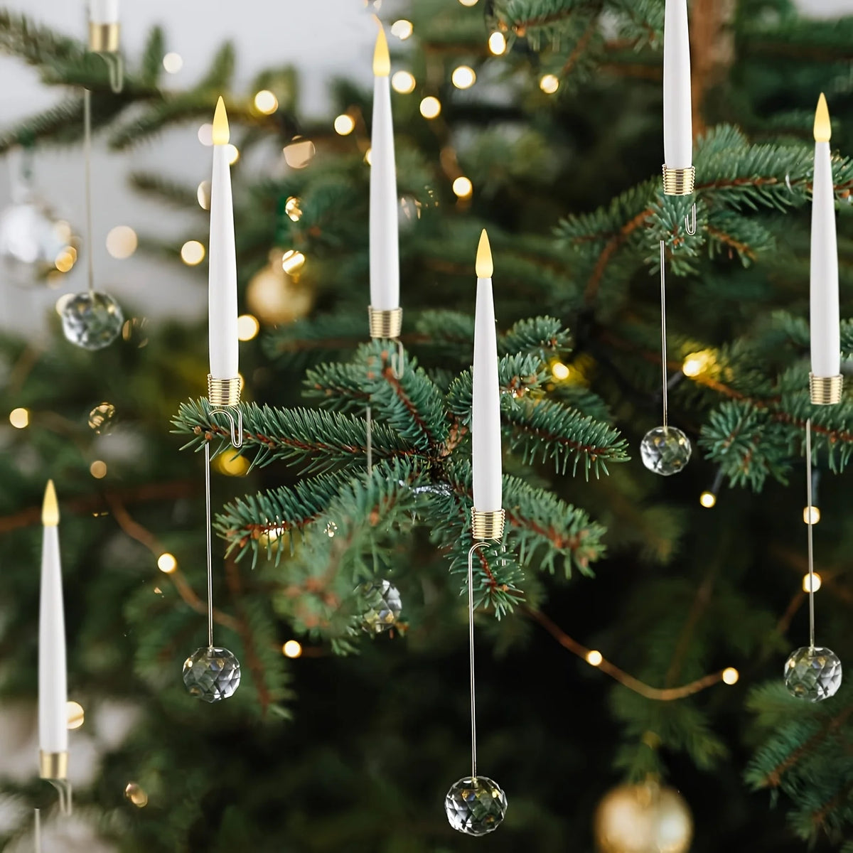 12 Pack LED Flameless Xmas Tree Taper Candles with a Crystal Ball and Gold Hook Battery Operated Remote