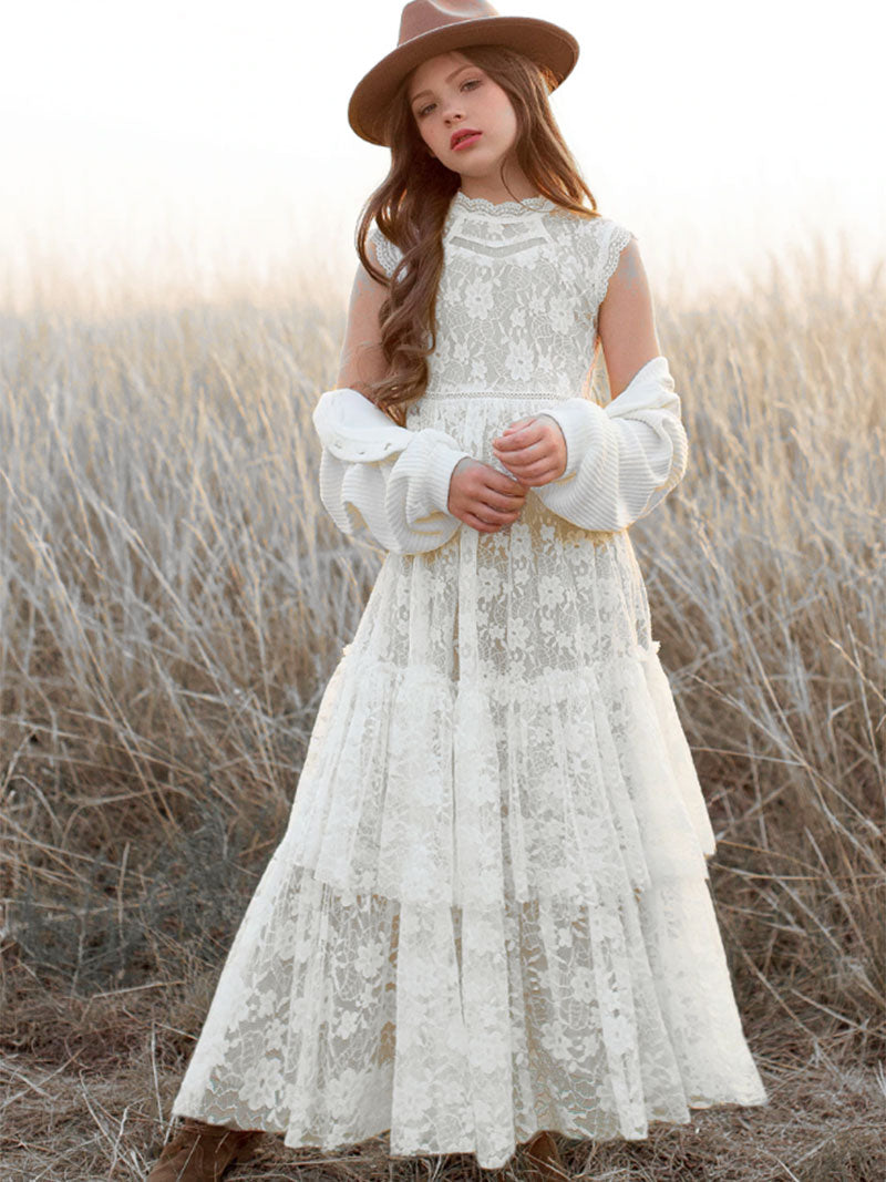 Girls Flower Girl Dress Lace Cotton Maxi Dresses
