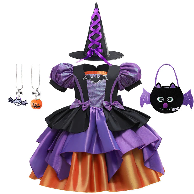 Halloween Bat Cosplay Purple Orange Witch Dress for Girls Children's Costumes