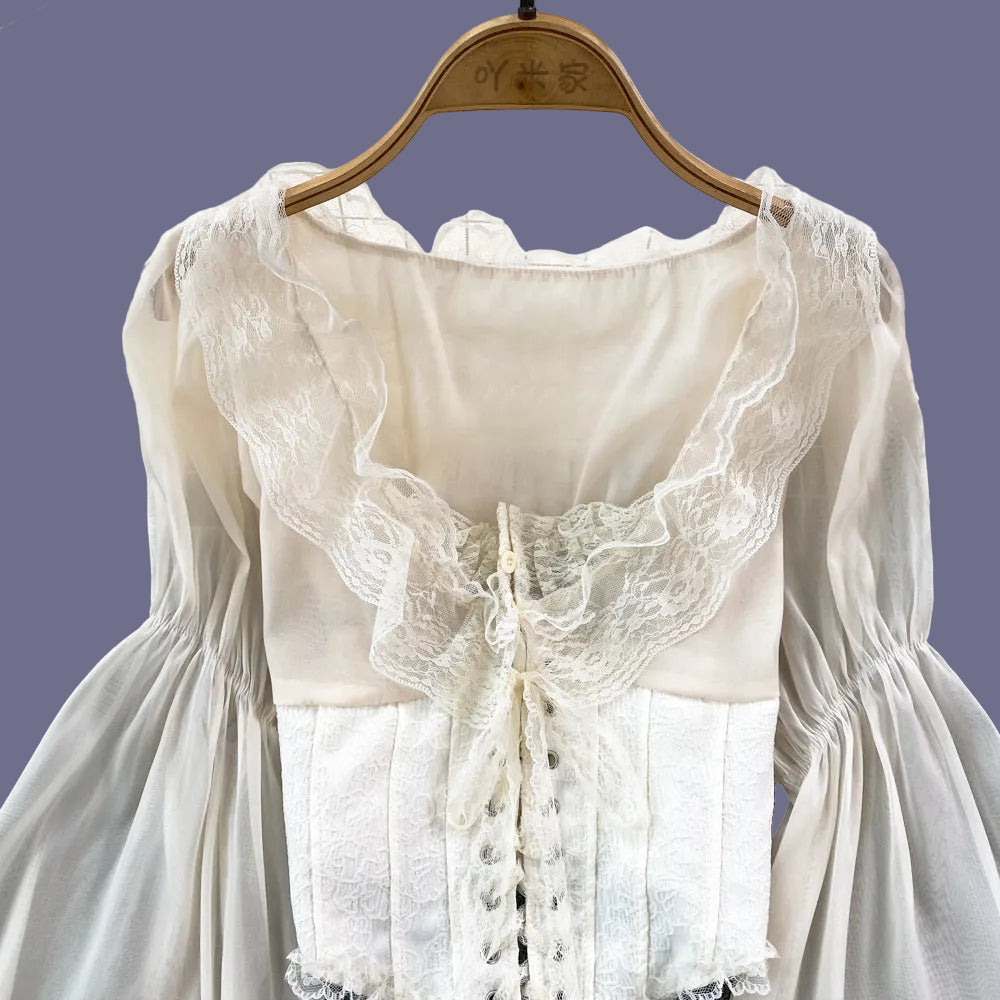 French Court Blouse Chiffon Lace Lace-up Top