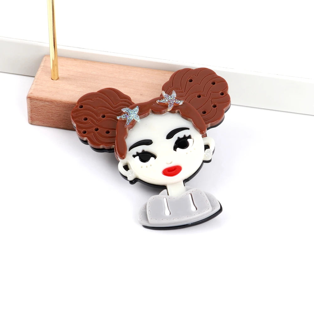 Cute Brown Hair Girl Acrylic Brooches