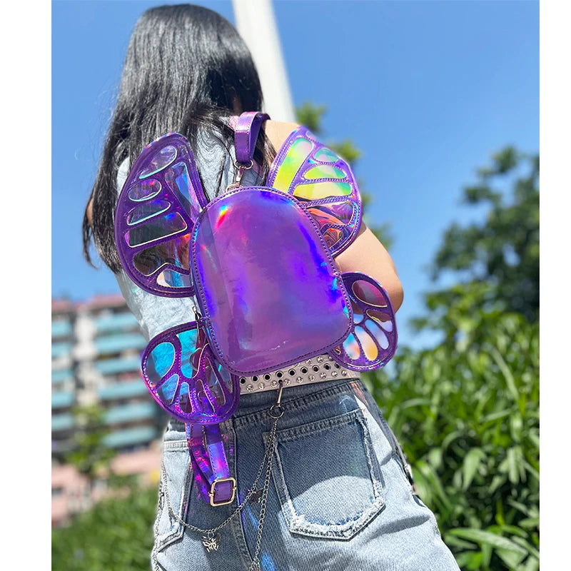 Mini Backpack Butterfly Wings Daypack Holographic Leather