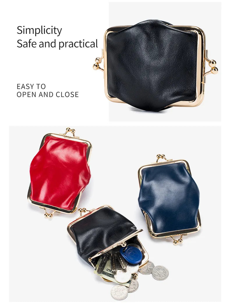 Genuine Leather Double Clamp Coin Purse Small Wallet Bag Pouch