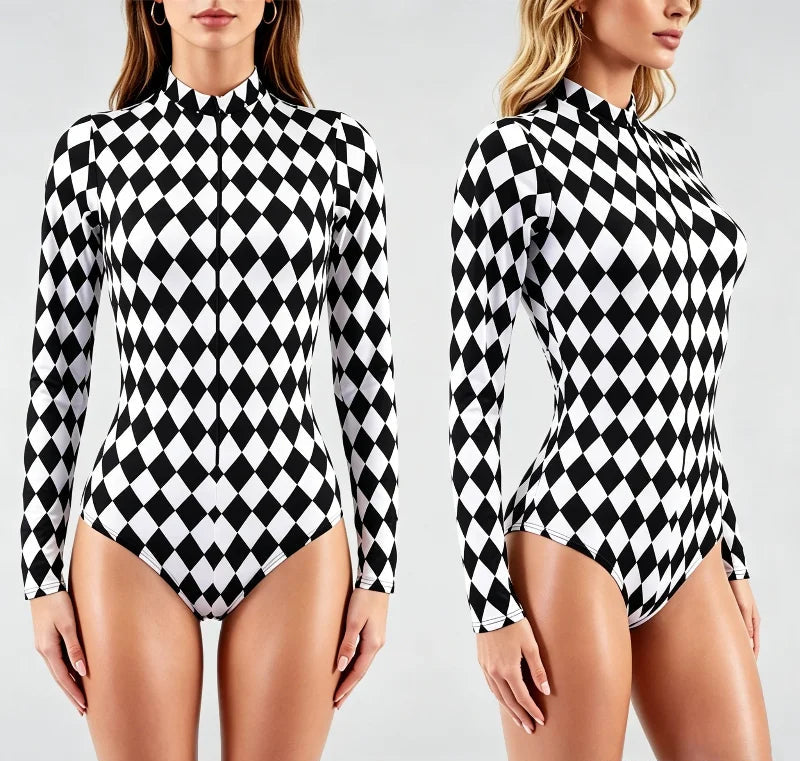 Black White Argyle Print Long Sleeve Bodysuit Retro Cosplay High Neck Swimsuit Music Club Party Performance Costume