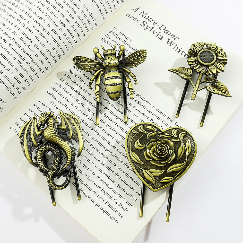 Bronze Metal Book Clips Bee Dragon Rose Sunflower Bookmark