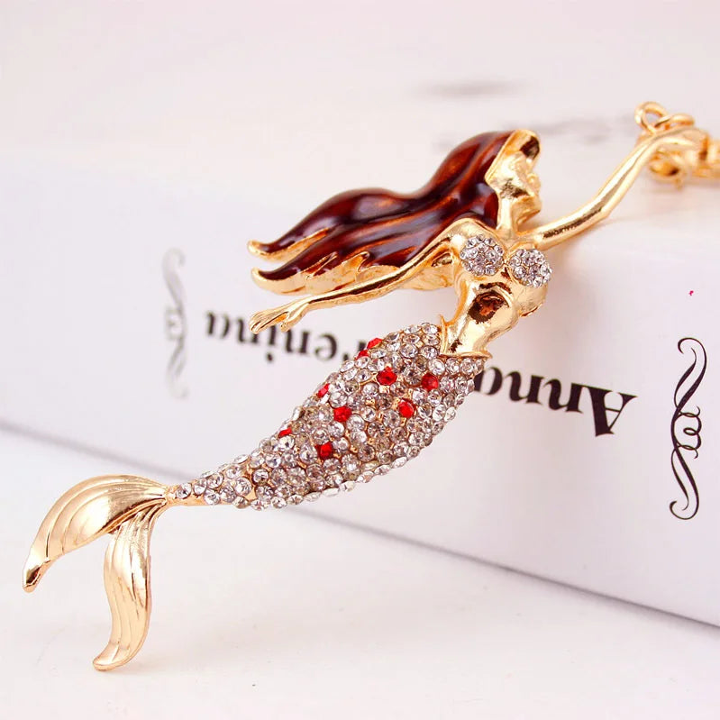 Mermaid Key Ring Enamel Crystal Purse Bag Buckle Pendant For Car Keyrings