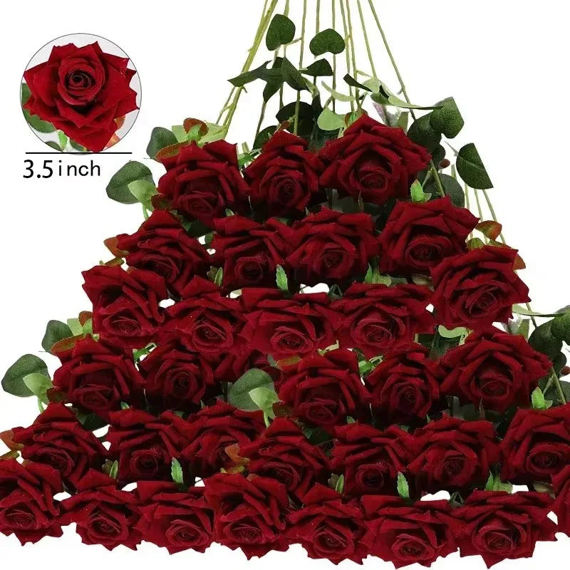 50 Pcs Velvet Roses Artificial Flowers Real Touch Fake Roses Valentine's DIY Wedding Bouquet Home Decor