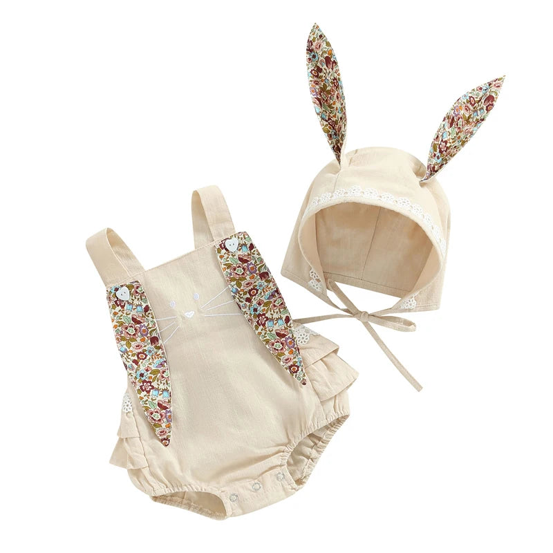 Baby Bunny Romper Rabbit Ears Overalls Bodysuit Playsuits Easter Day Outfit Costume with Hat