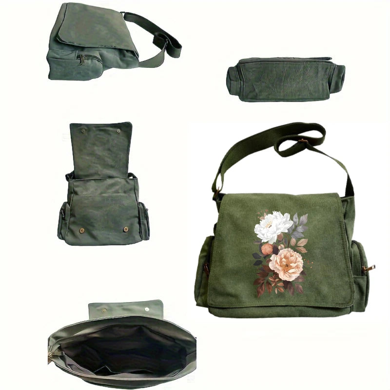Peonies Print Canvas Shoulder Bag Crossbody Messenger Bag