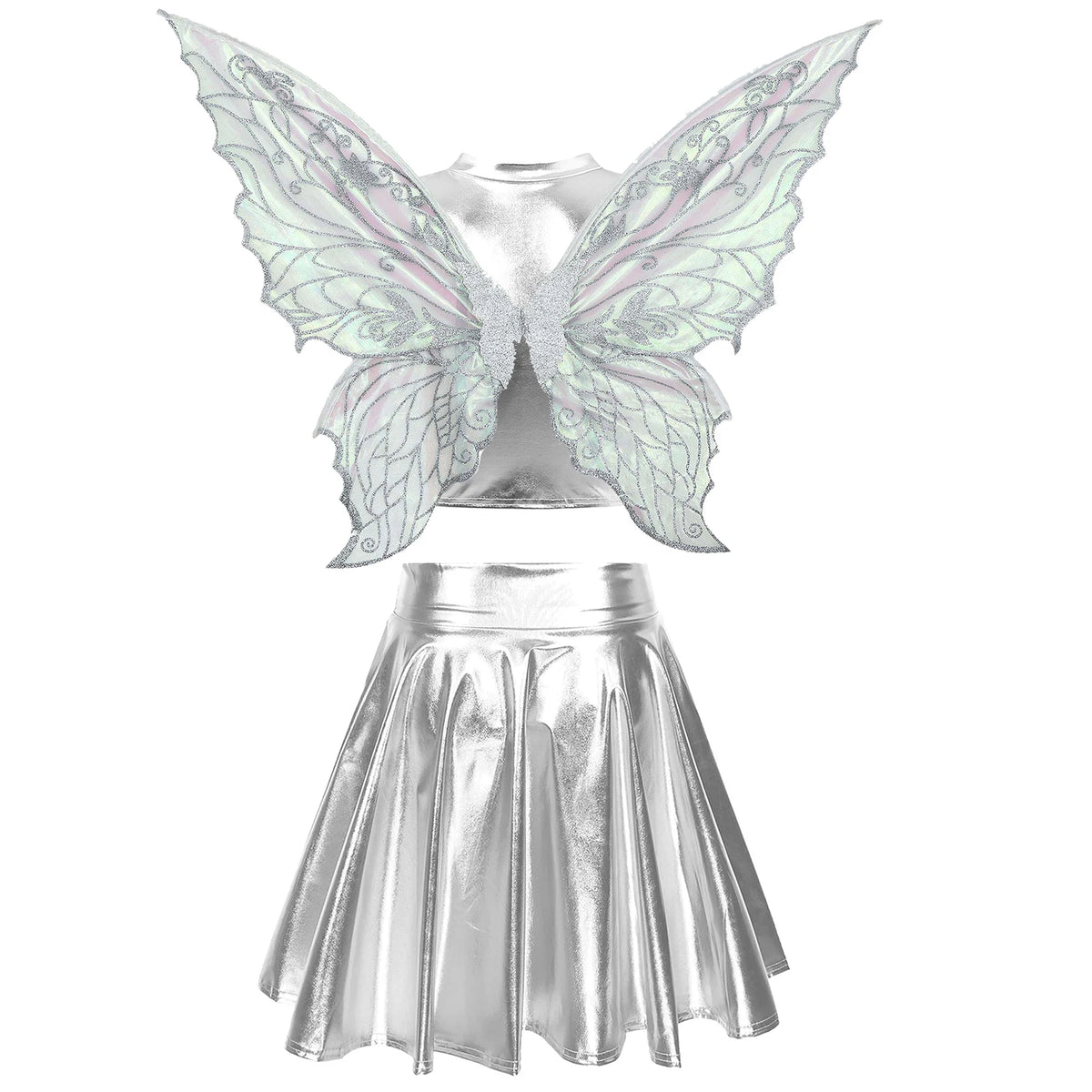 Festival Fairy Cosplay Costume Sleeveless Crop Top, High Waist Flared Skirt And Butterfly Wings Set