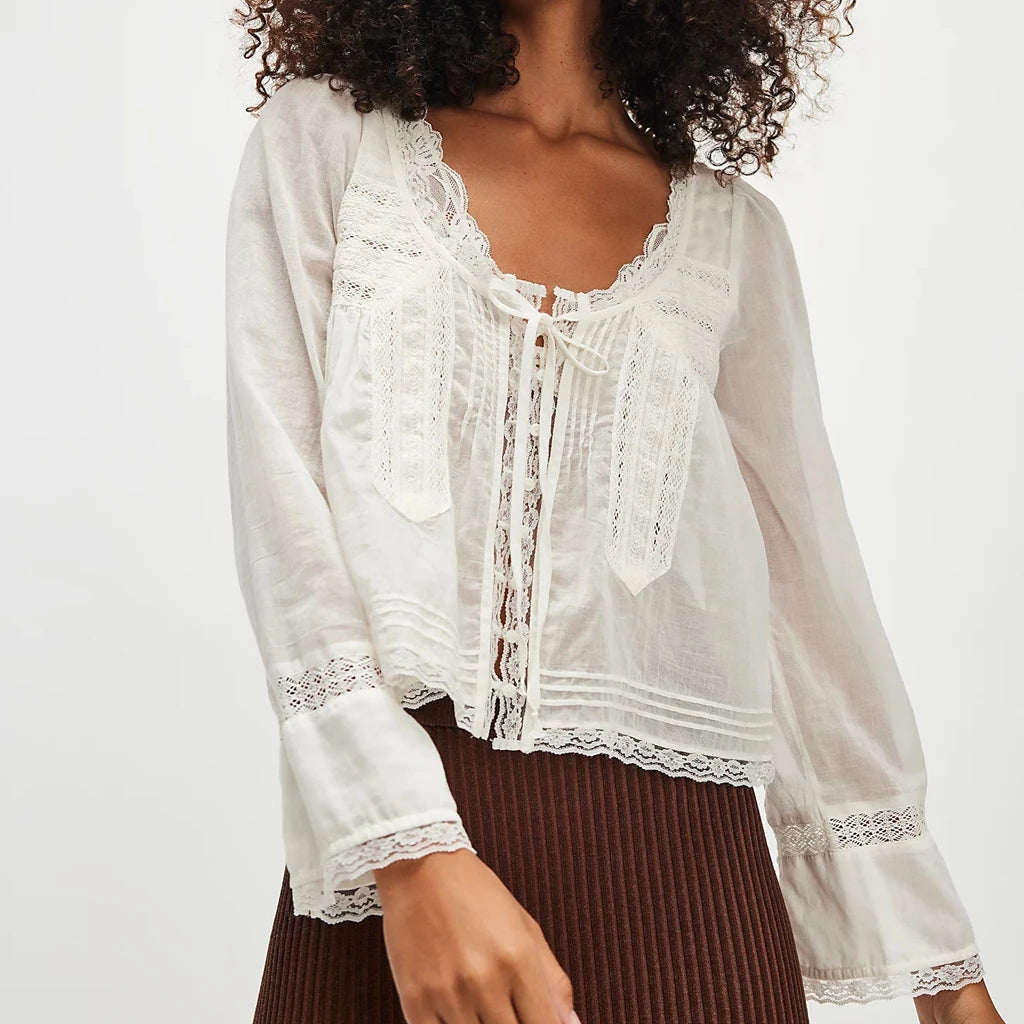 Y2K Boho Long Sleeve Lace Patchwork Button-down Tops 100% Cotton