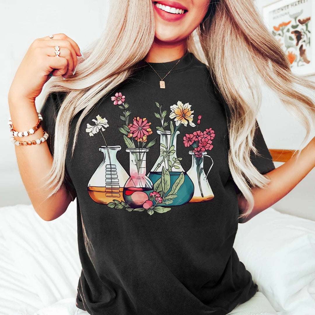 Floral Beakers Chemistry Lab Scientist T-Shirt Biology Teacher Cotton Tee