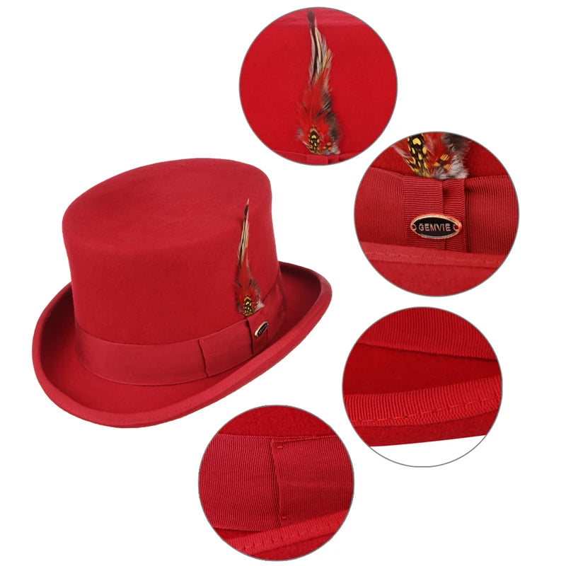 100% Wool Felt Short Top Hat With Feather