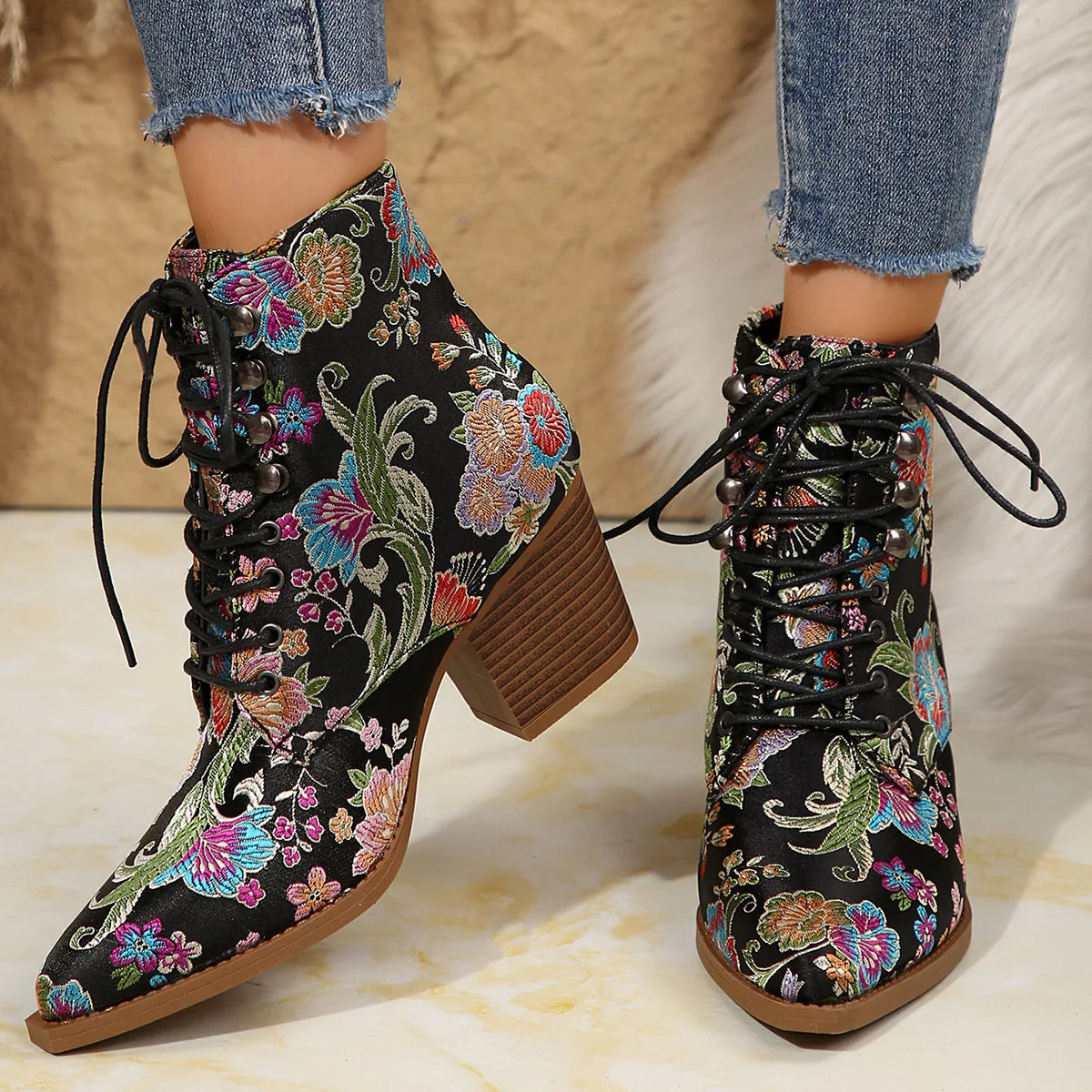 New Marie Antoinette Handmade Embroidered Ankle Boots