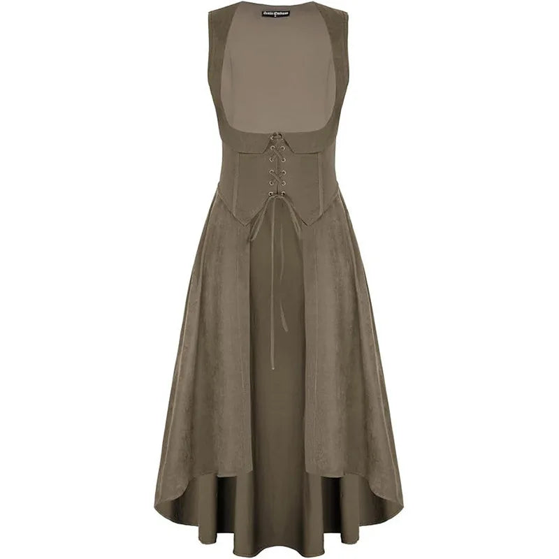 Medieval Renaissance Lace-Up Vest Dress Irregular Hem Overlayer Dress Cosplay Costume