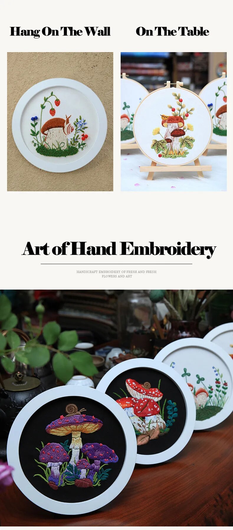 DIY Mushroom Embroidery Kit with Hoop Beginner Needlework Set