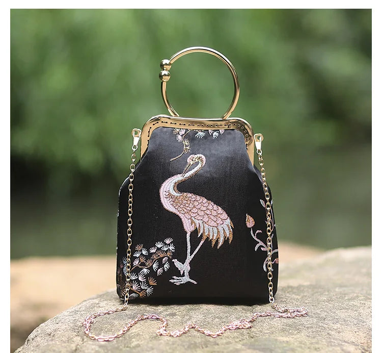 Embroidered Crane Vintage Inspired Handbag